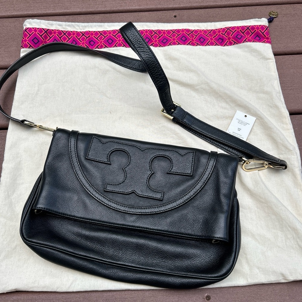TORY BURCH T SUKI black fold over leather bag Messenger